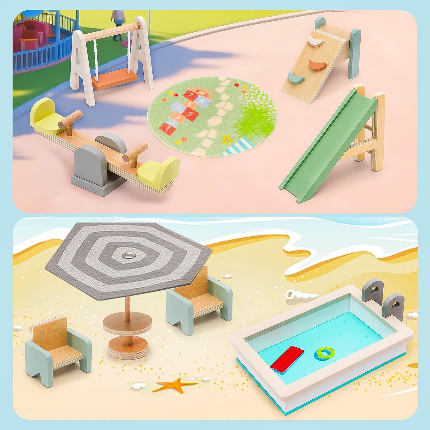 HAPGFS Wooden Doll House Furniture and Accessories Outdoor Play Set for Kids- Includes Slide  Swing  BBQ Grill  Pool & Garden - Perfect Doll House Decor Gift for Children 3-6 Years Birthday Christmas