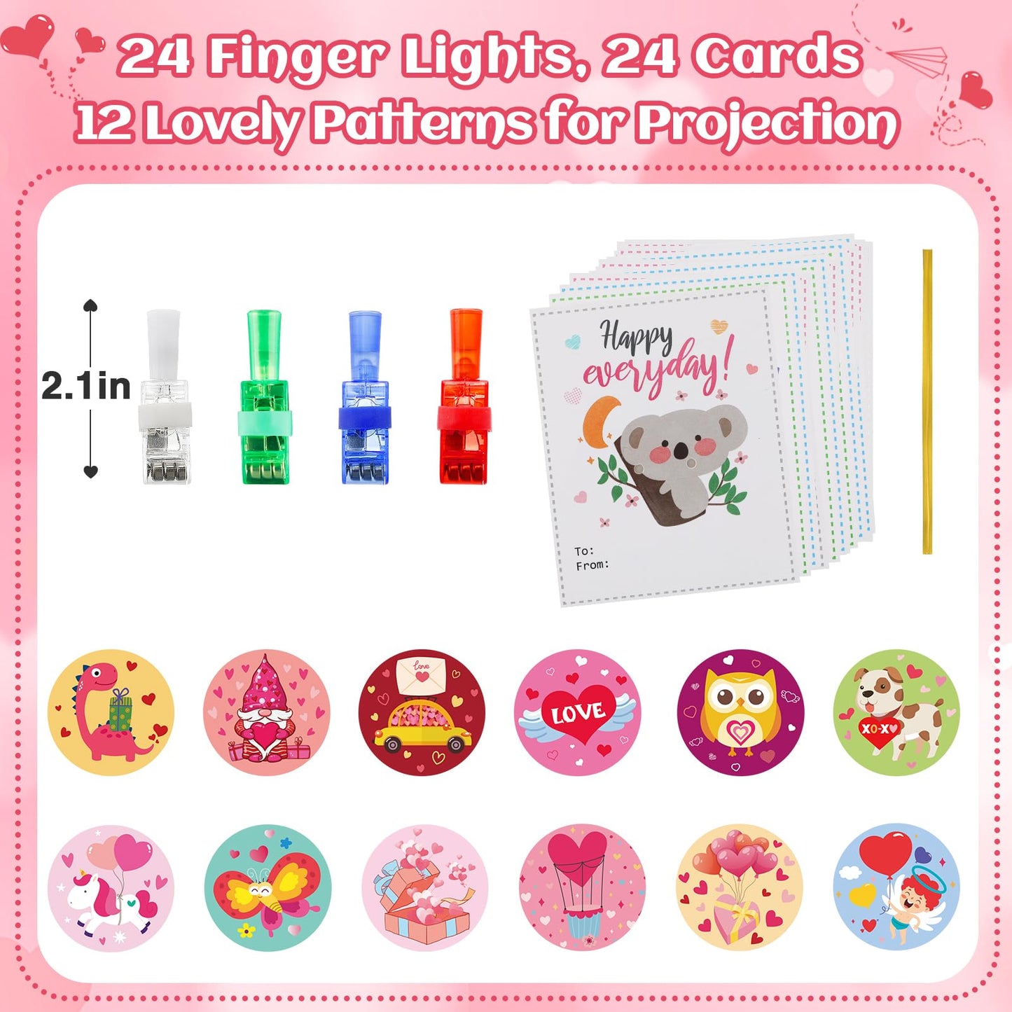 Aulock Valentine'S Day Gifts For Kids - 24 Pcs Led Projection Finger Lights, Valentine'S Day Greeting Cards Party Favors Glow To