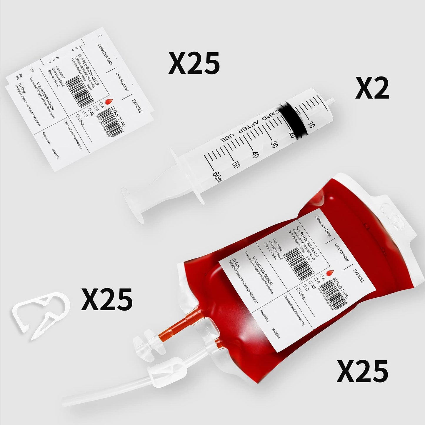 25 Packs Halloween Blood Iv Bags For Drinks Reusable Energy Container Juice Pouch Prop For Zombie Theme Party Decoration With Syringe And Clips, 12.6 Fl.Oz (25Pcs Bag, 25 Label, 2 Syringes)