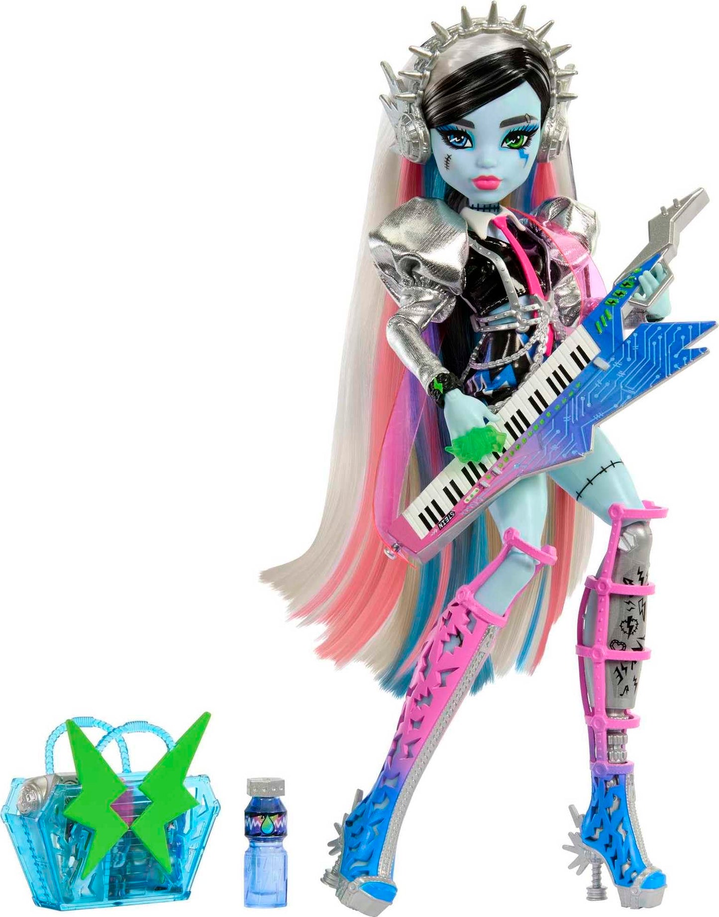 Monster High Amped Up Frankie Stein Doll - Rockstar with Headphones, Multicolor, Einheitsgröße, Model HNF84