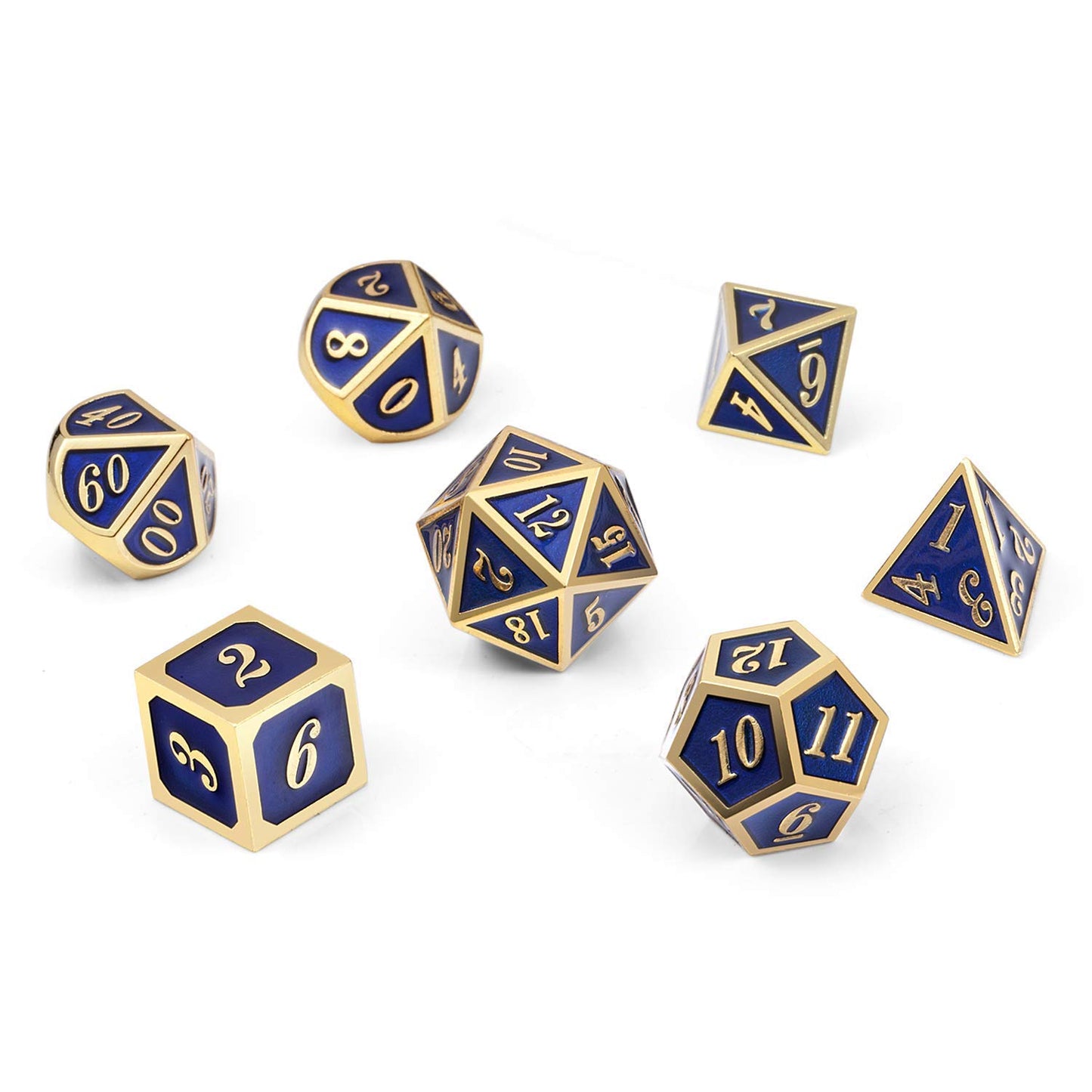 Set of 7 Metal Dice Set with Storage Box - Royal Blue with Gold Numbers - Includes D4, D6, D8, D10, D12, D20 and D% by SciencePu