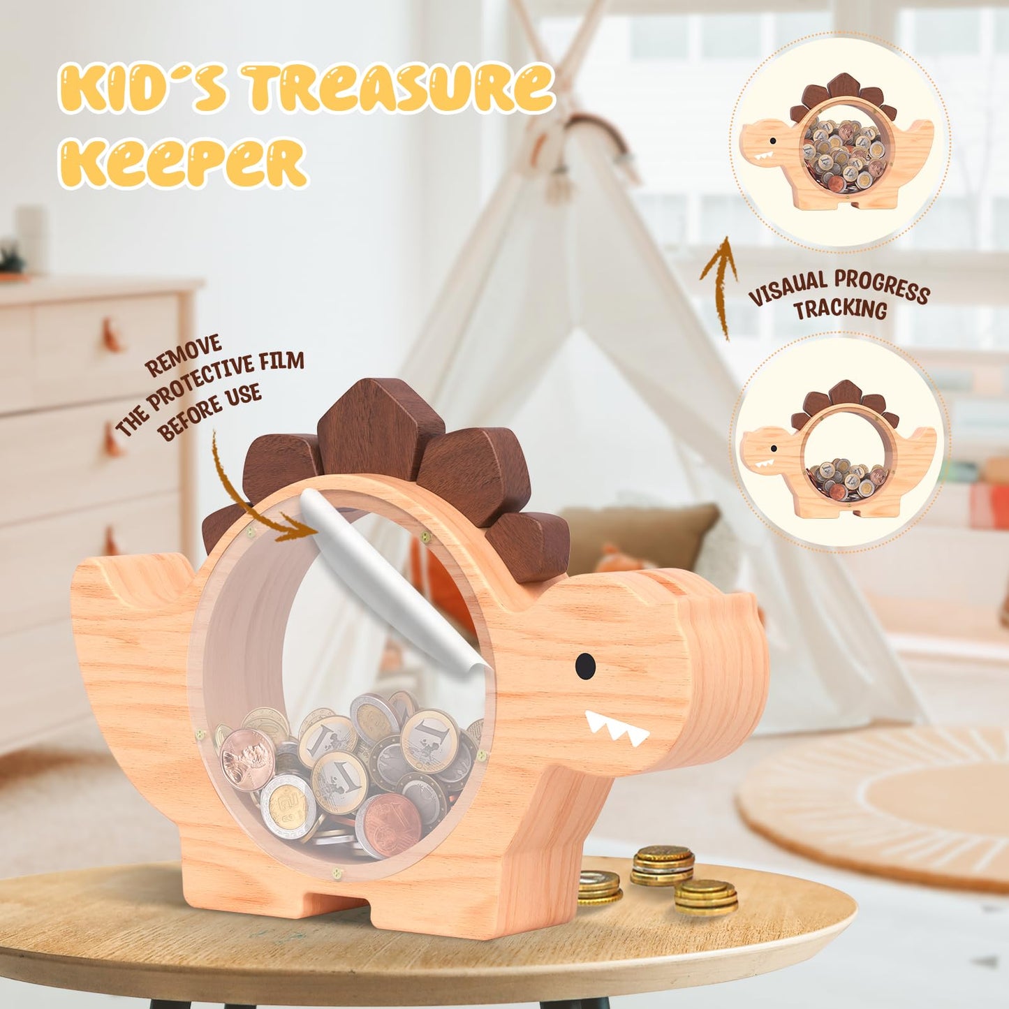 Summidate Wooden Dinosaur Piggy Bank For Kids Boys, Cute Dino Money Bank For Kids Toddlers, Unbreakable Wood Coin Bank, Creative Saving Money Jar Personalized Present For Child Birthday & Decor