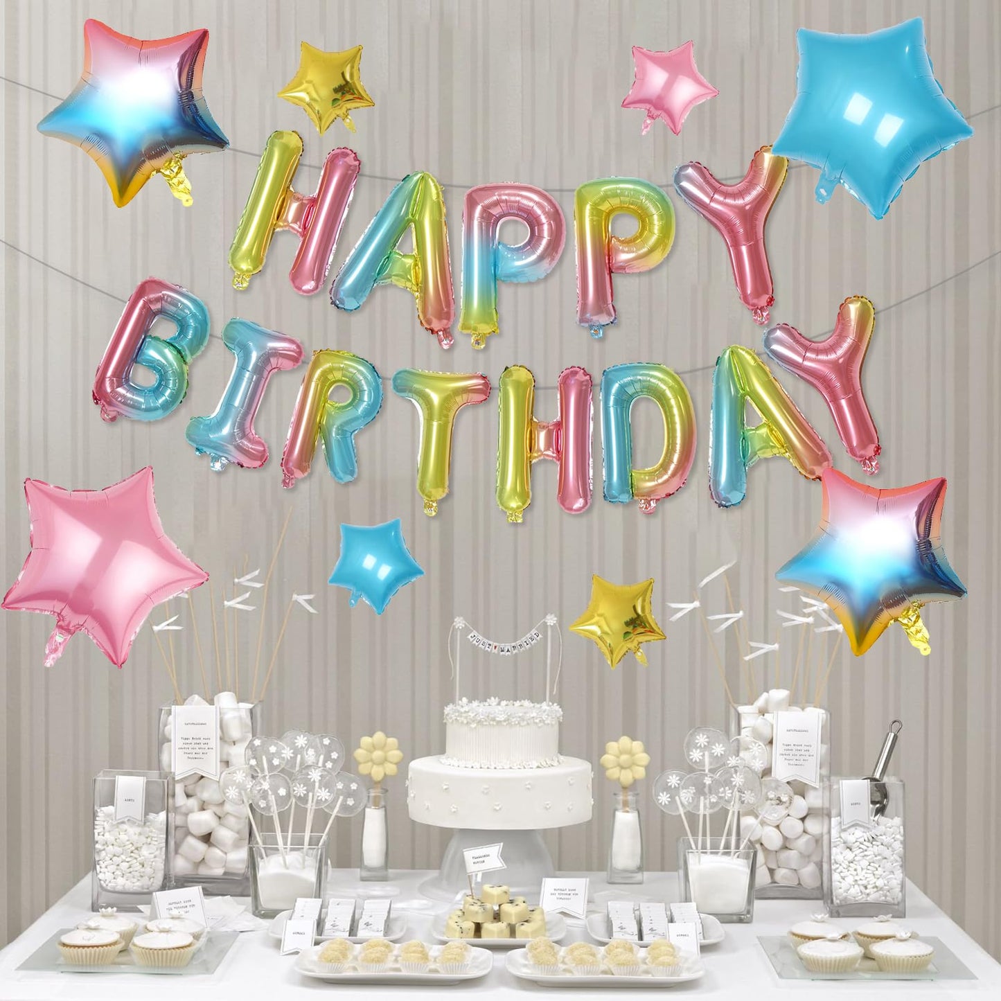 Happy Birthday Balloons Banner, Rainbow Happy Birthday Foil Balloons 16 Inch Mylar Foil Letter Balloons With 8 Pcs Gradient Blue