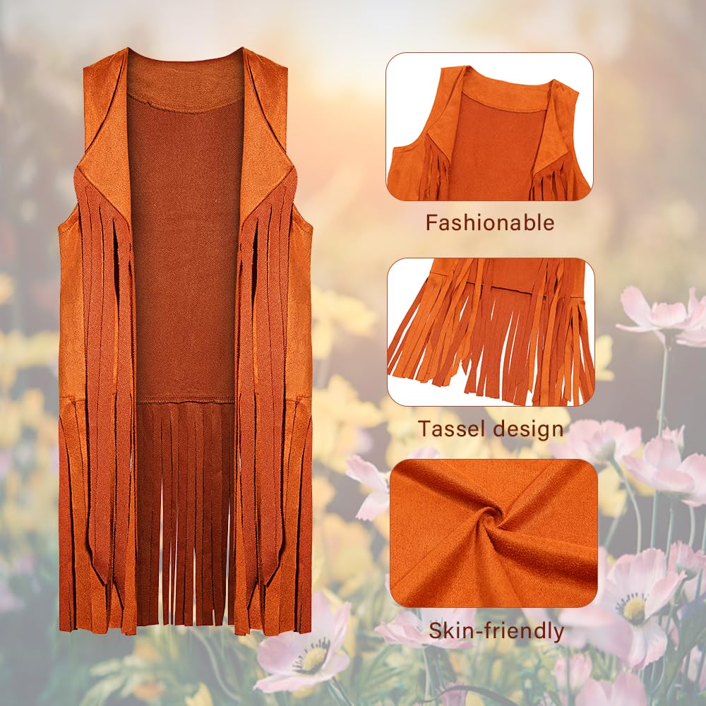 Cuteshower Girl Hippie Costume 70S 60S Hippie Outfits For Girls Halloween Cosplay Party (Brown, 8-9 Years)