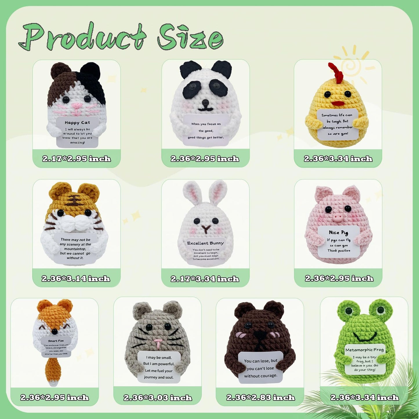 Poccrotoys 10Pcs Positive Crochet Animals Bulk Birthday Gifts For Women Men Mom Dad Her Him Girls Boys Teens Handmade Cat Frog B