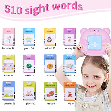 Talking Flash Cards Toddler Toys Pocket Speech For Toddlers 1-3, Talking Learning Flash Cards Educational Toys Sensory Toys Gift For Boys And Girls (510 Sight Words-Bear Pink)