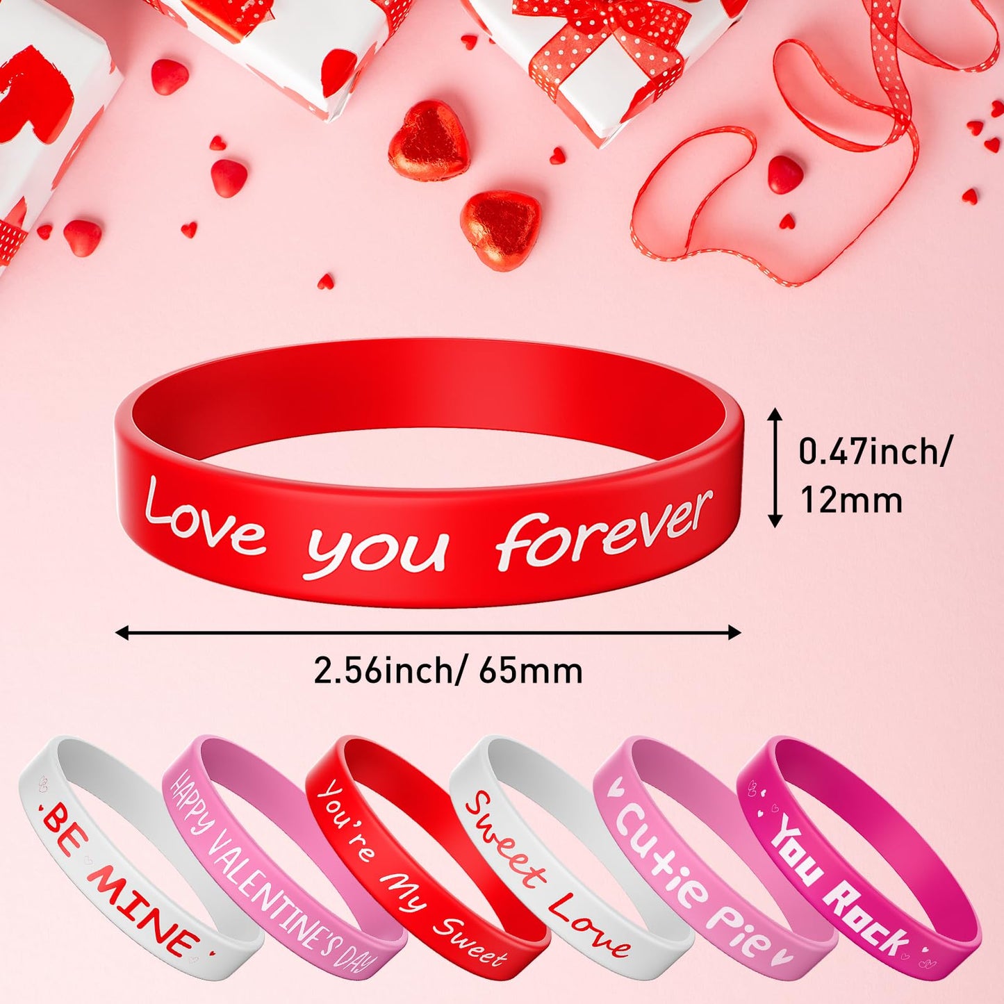 Morcheiong 42 Pieces Valentine's Day Party Favors Rubber Bracelets Pink Red Classic Silicone Wristbands for Kids Adults Valentin