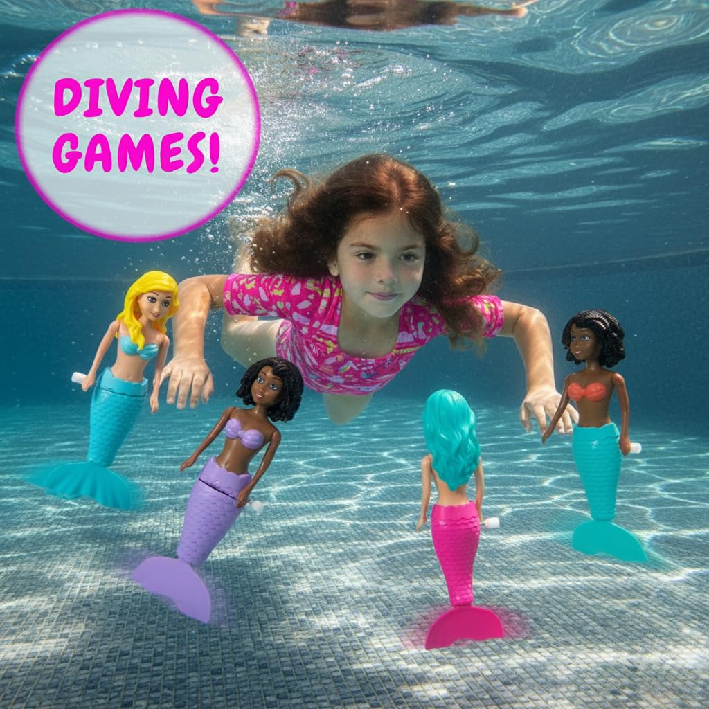 Kiddie Play Mermaid Toys - 4 Pc Wind-Up Mermaid Dolls Bath and Pool Swim Toys for Kids Toddlers, Mermaids Gifts for Girls