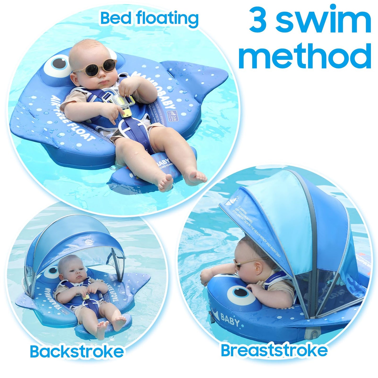 Mambobaby Float with Canopy & Portable Backpack Skin-friendly Baby Swim Float with Tail Waterproof Non-Inflatable Mambo Float Sm