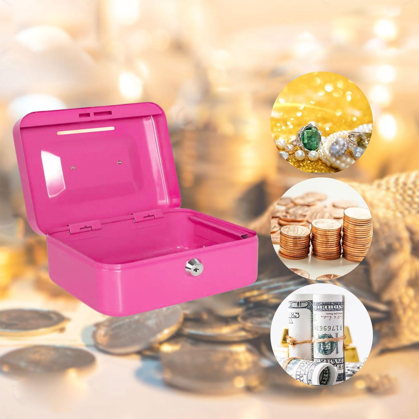 Locking Steel Mini Cash Box, Small Safe Lock Box with Portable Handle, Money Bank Without Money Tray, Cash Coin Can for Kids, 4.