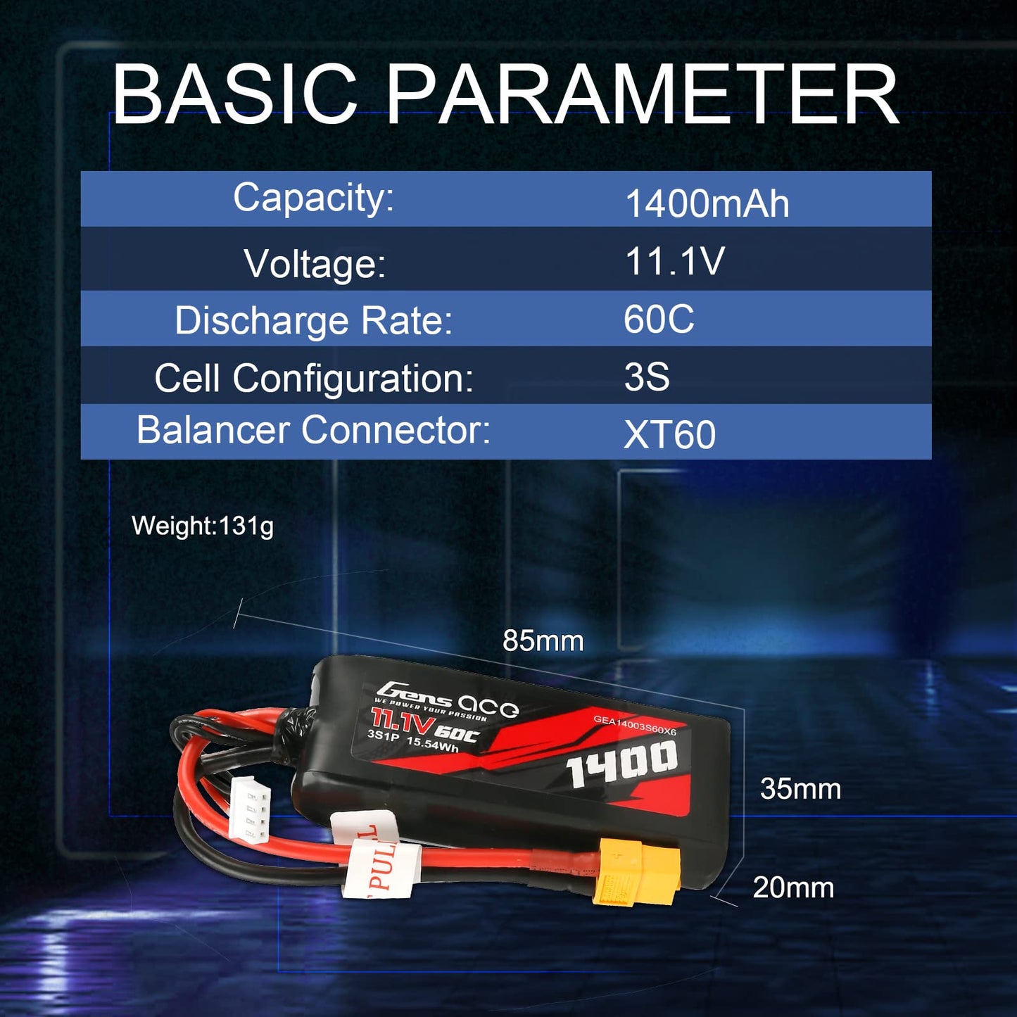 Gens ace 3S Lipo Battery 11.1V 1400mAh 60C Lipo Battery with XT60 Plug for 1/14 1/16 RC Cars