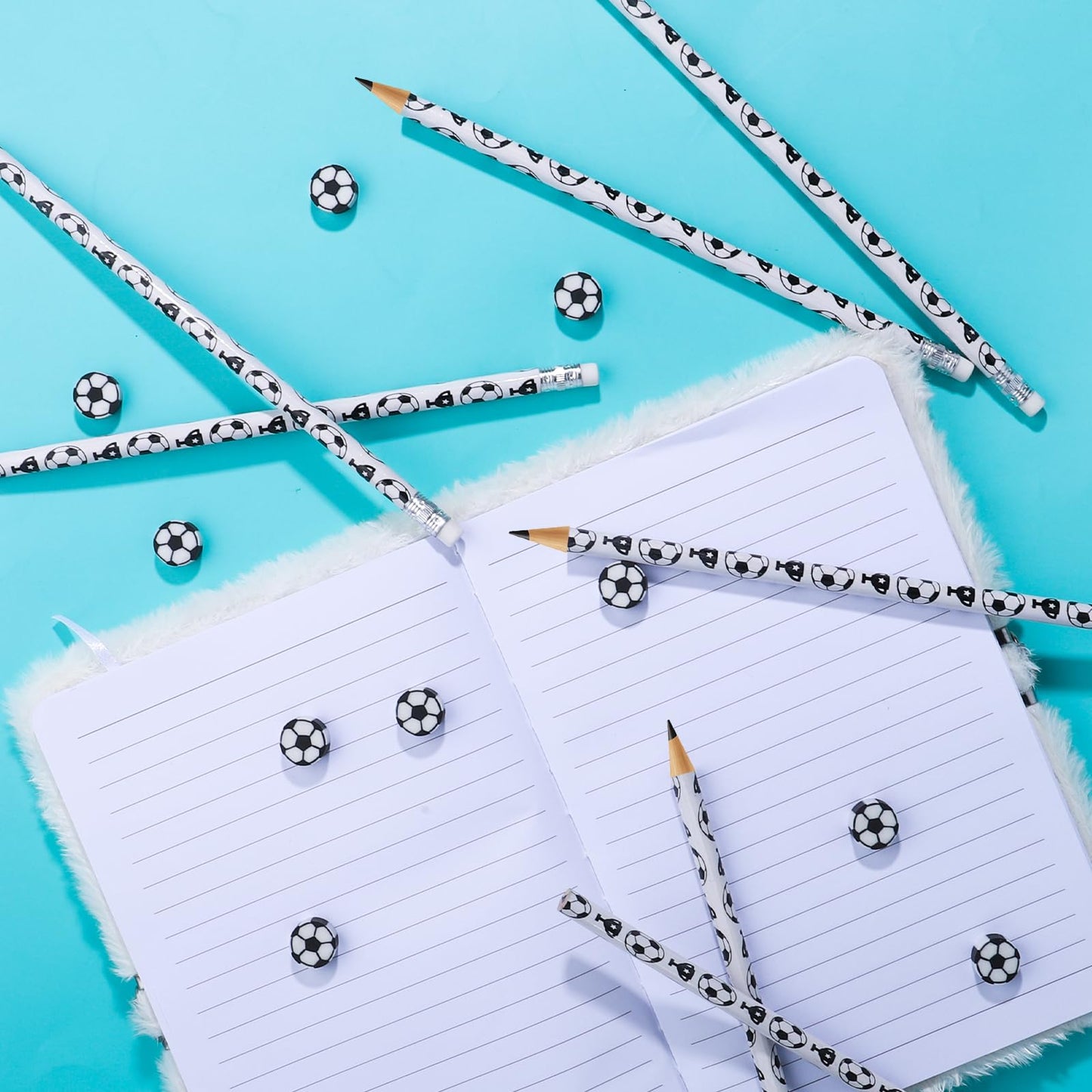 Moncinday 60PCs Soccer Pencils Soccer Erasers for Kids Wooden Pencils for Soccer Themed Birthday Party Favors Students Stationer