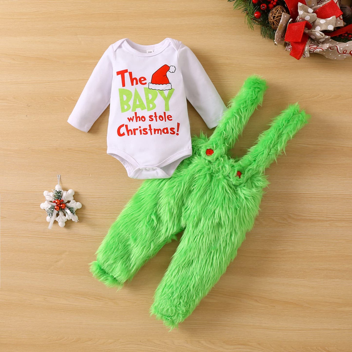 Visgogo Infant Baby Christmas Jumpsuit Set Letter Print Long Sleeve Romper Green Suspender Costume Pants (Green, 6-12 Months)