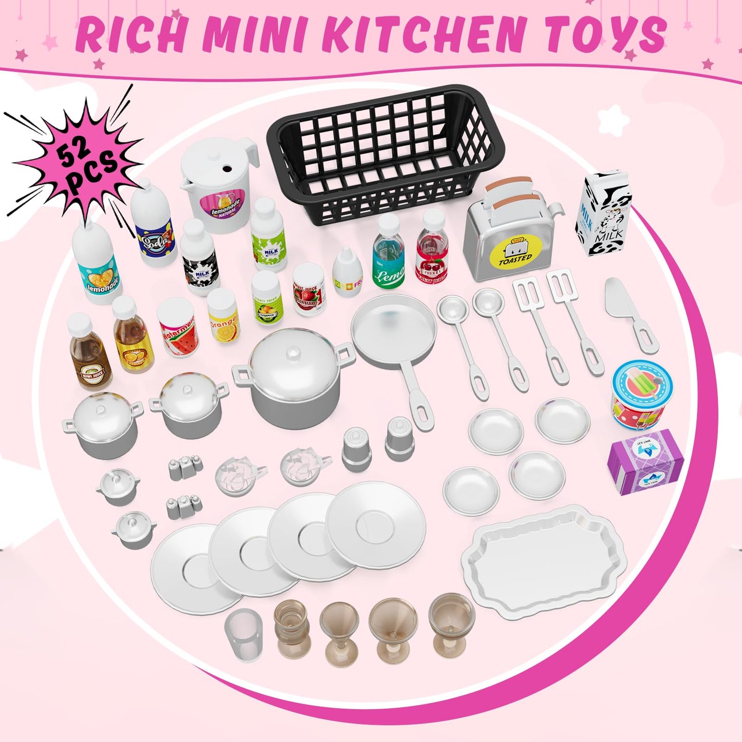Wee Wonders 57 PCS Kitchen Playset for Girls, 5-in-1 Toddler Mini Kitchen with Realistic Lights & Sounds, Doll Kitchen House Toy