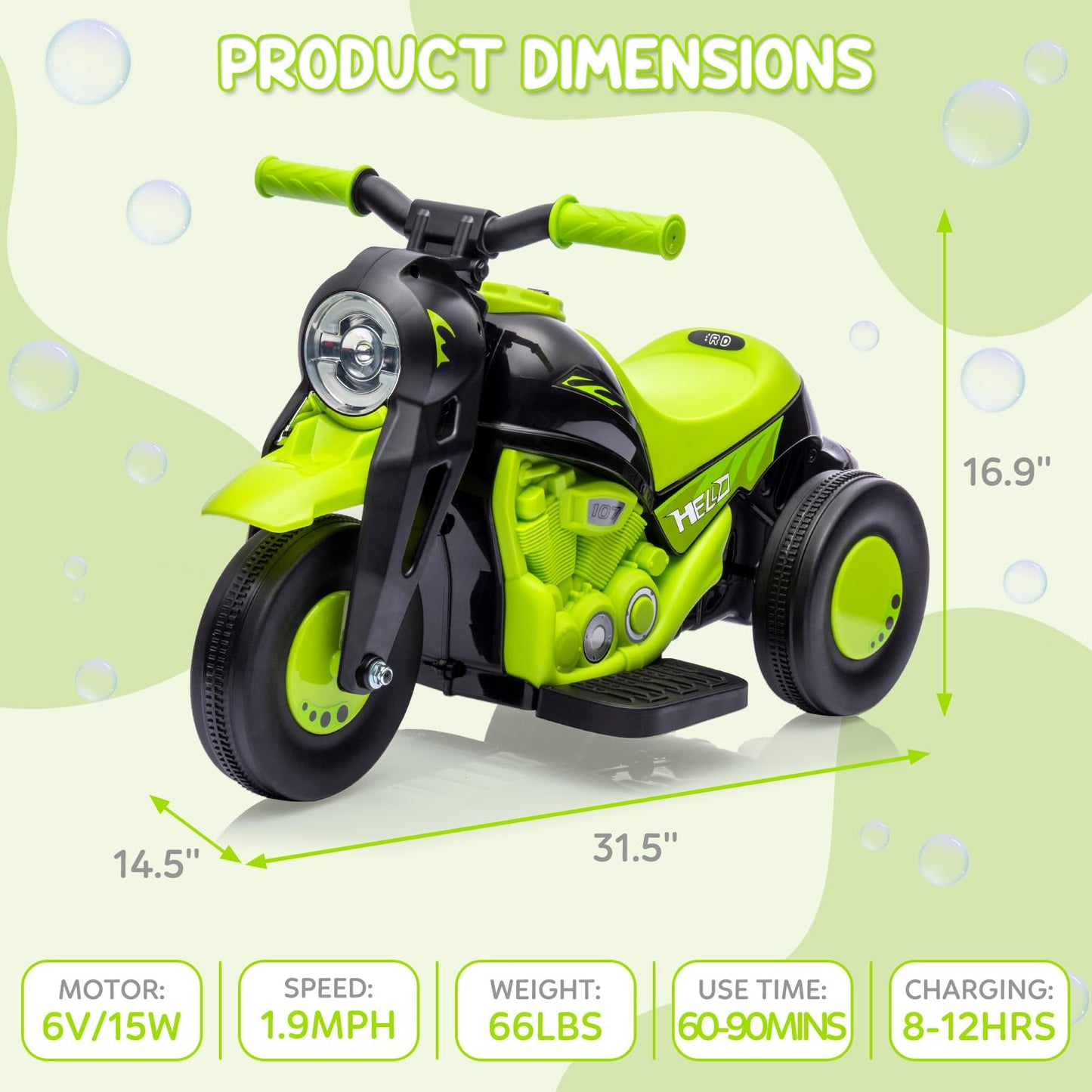 Kids Ride On Bubble Car, Hetoy 6V Battery Powered Electric Motorcycle 1.9 Mph Speed W/Led Headlights, Music, Pedal, Forward/Reserve, 3 Wheels Motorbike Toys Gift For Toddler 3 And Up Boys Girls, Green