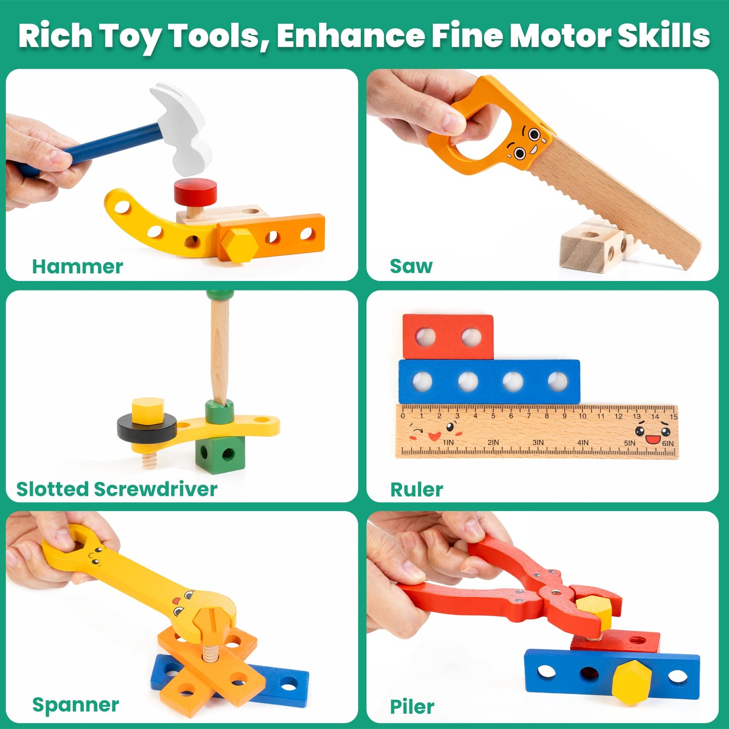 WOOOMAM Kids Tool Set, 90 PCS Wooden Toddler Tool Set with Box and Flash Cards, Tool Kit for Kids Age 3-5 Years, Toddler Boy Toy