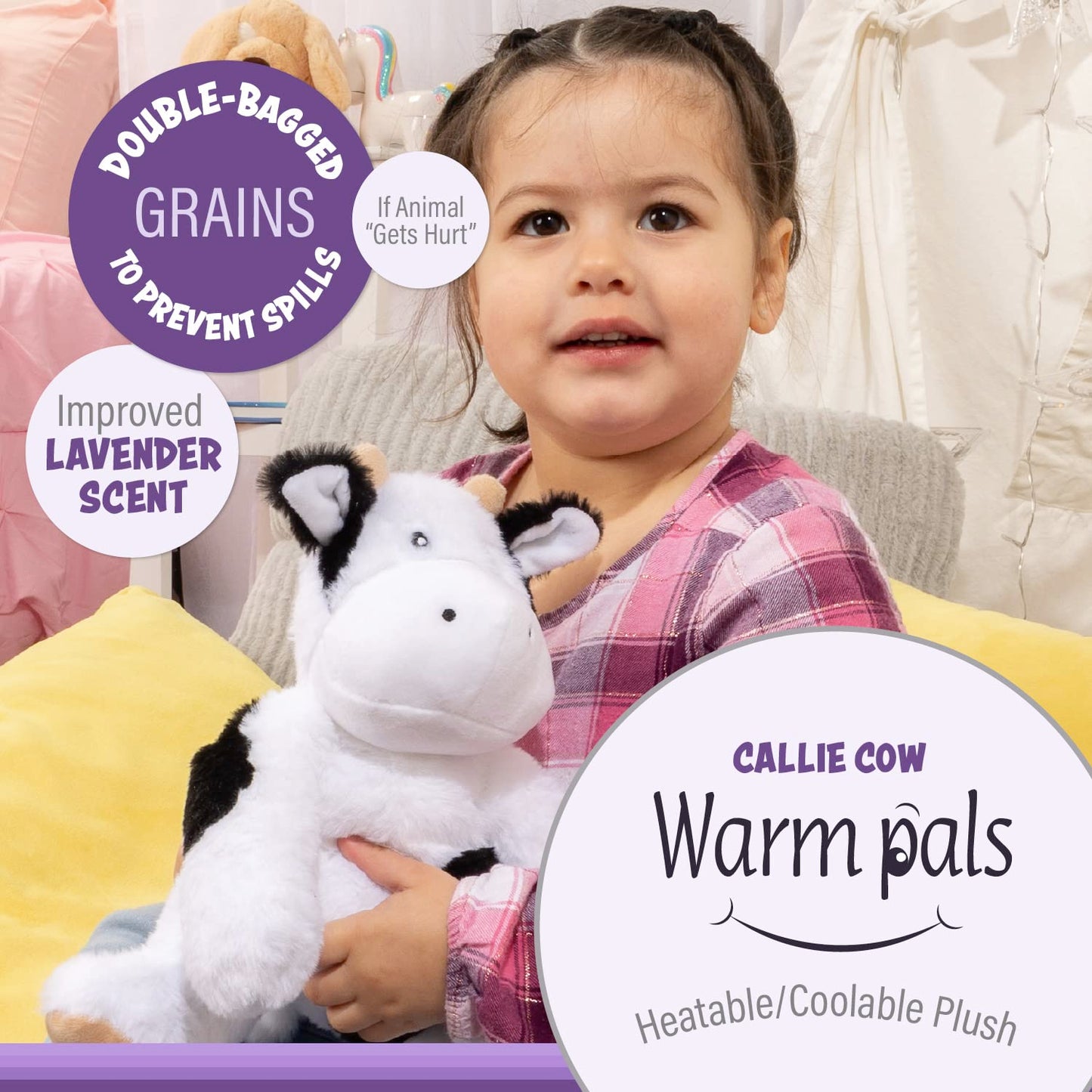 Warm Pals - Callie Cow - 1.5Lbs - Cozy Microwavable Lavender Scented Plush Toys - Heated Stuffed Animal - Heatable Coolable Bedtime Comfort Plushie