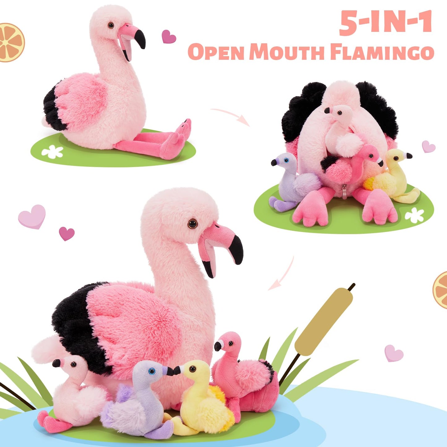 Tezituor Flamingo Stuffed Animal with 4 Babies 17.7  Pink Mommy Flamingo Plush with 4 Babies Soft Bird Toy for Kids Birthday Gift Nursery Decor
