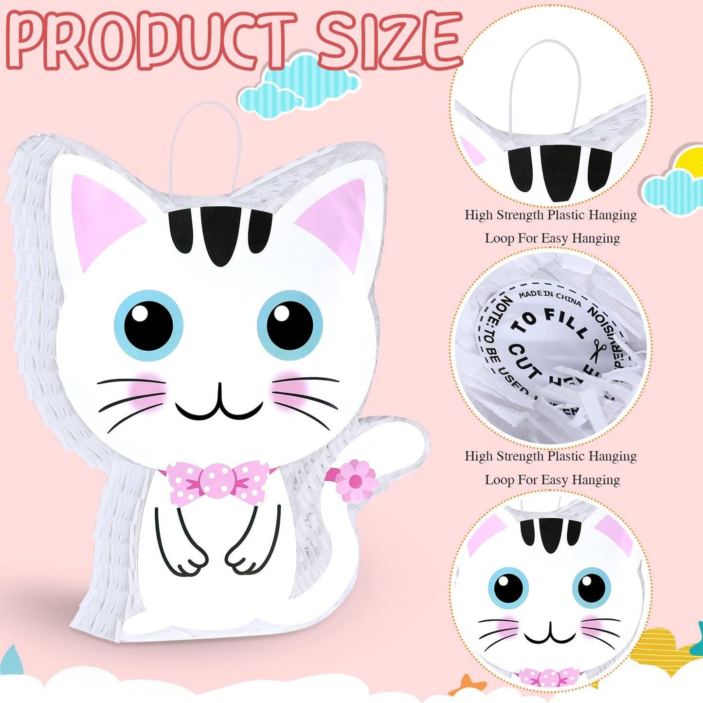 Aoriher Cat Piata Cat Birthday Party Supplies Kitty Cat Piatas with Blindfold and Bat Pink and White for Cat Party Favor Birthda
