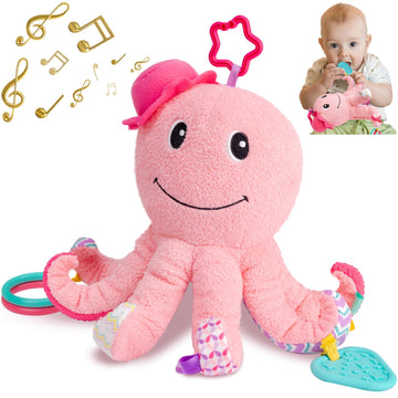 TURKIDS Infant Baby Girls Musical Stuffed Animal Activity Soft Toys with Multi-Sensory Crinkle, Mirror, Rattle and Textures for 
