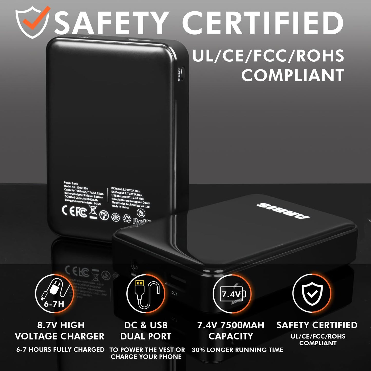 ARRIS 7.4V 7500mAH Rechargeable Battery for Heated Jackets and Heated Vests(No Cable, No Charger)