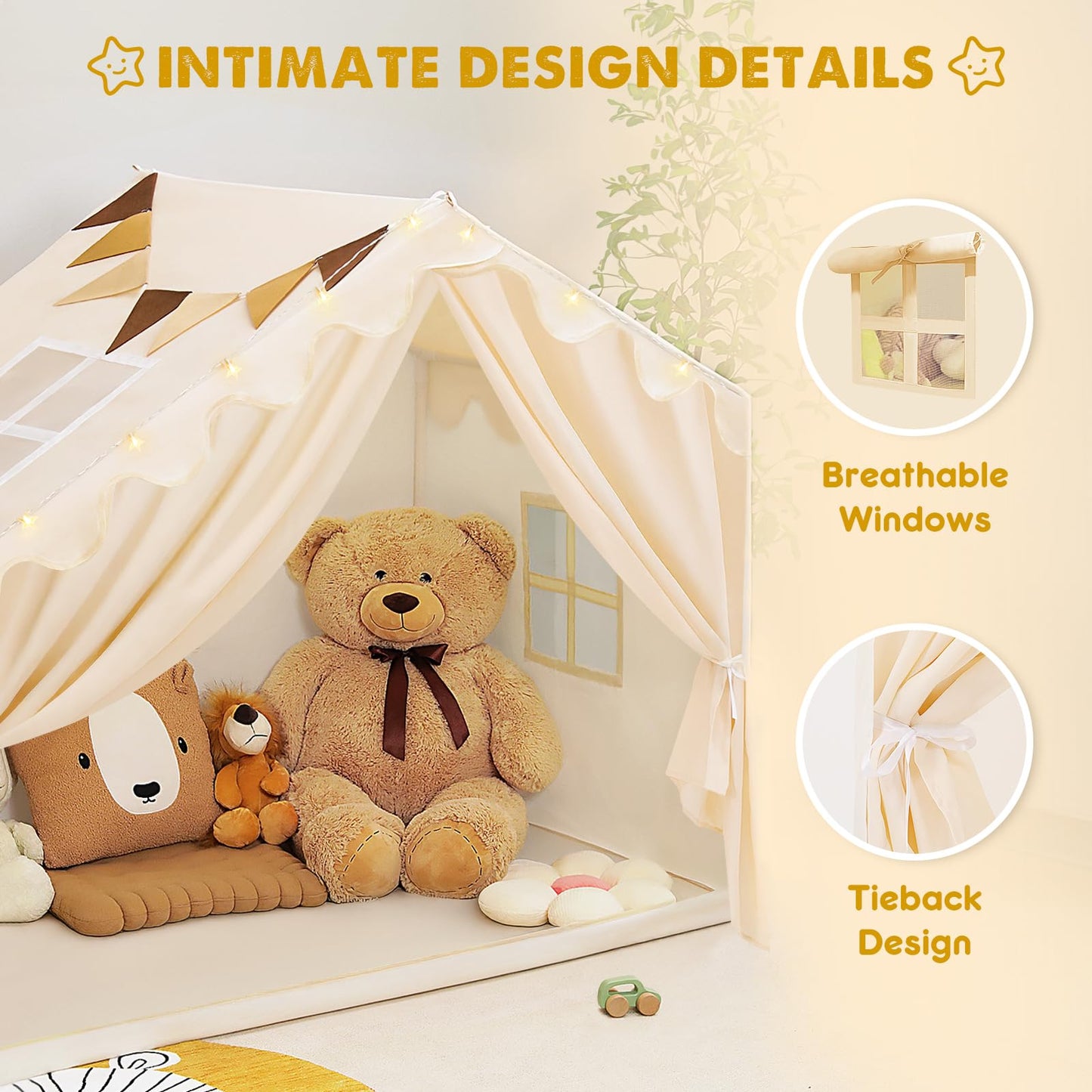 PIIKAGO Kids Tent Indoor with Stat Lights - Play Tent for Kids Ages 4-8  Toddler Playhouse with Cloth Curtain for Girls Boys  57  x 35  x 47  (Beige)
