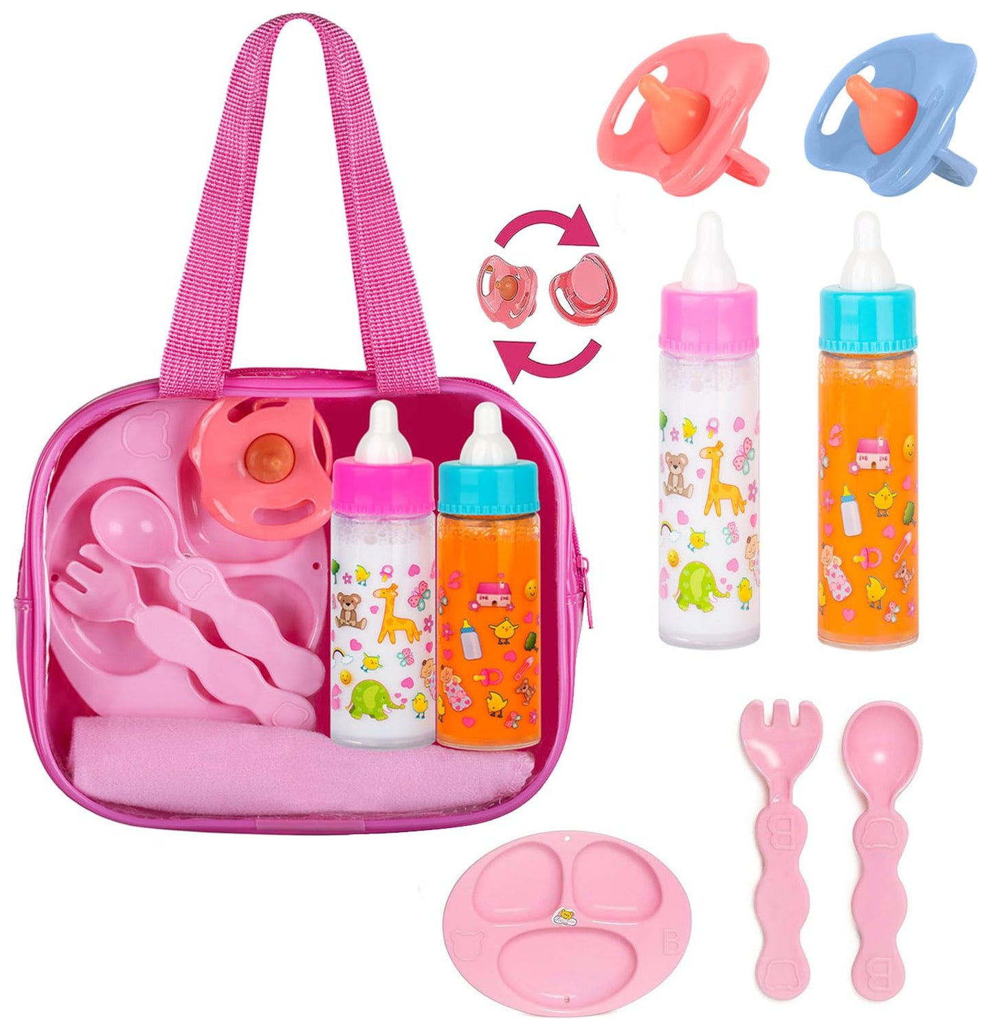 Fash N Kolor,My Sweet Baby Disappearing Doll Feeding Set - Doll Feeding Set | Set Includes 2 Bottles, Doll Diapers, Diaper Bag, Blanket And 2 Pacifier (8 Pc Set)