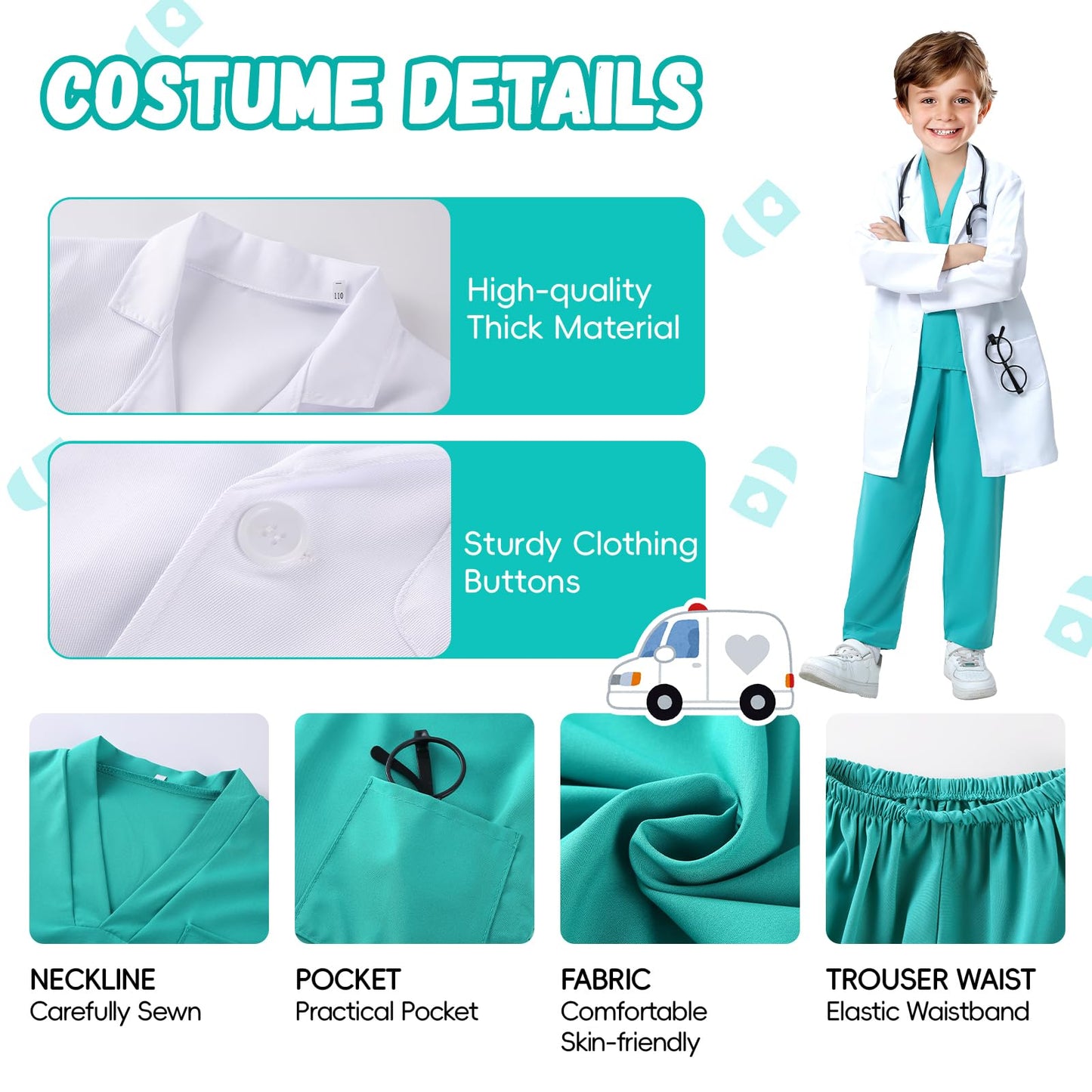 Funsenly Doctor Costume For Kids - 8Pcs Caree Day Kids Scrubs With Lab Coat Dress Up Set, Halloween Costumes For Girls Boys, Tod