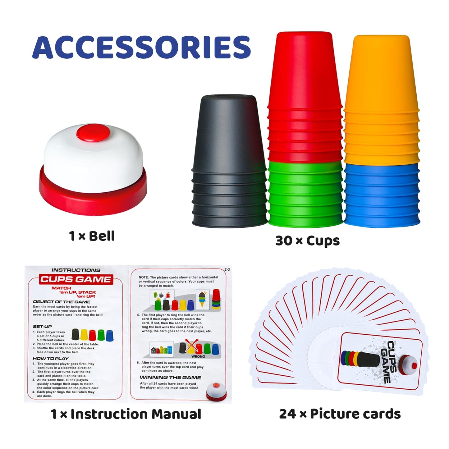 Pairez Toys Quick Stacking Cups Games For Kids, Classic Matching Cup Game, Speed Match Cups Games, Parent-Child Interactive Toys With 24 Cards & 30 Cups, Family Games For Party Or Travel