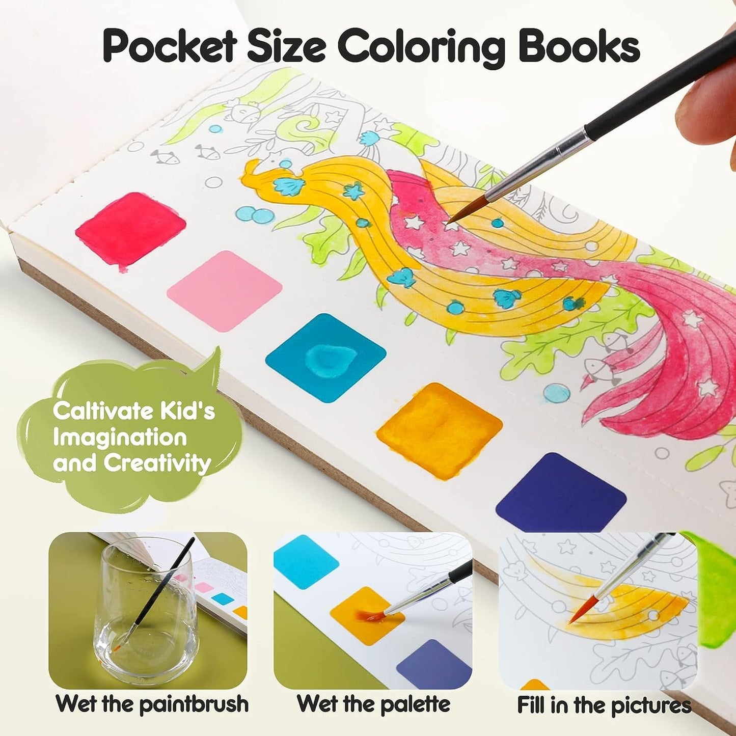 3Pack Watercolor Paint Coloring Books, 20-Page Pocket Painting Pictures Drawing Arts Set Graducation Birthday Gifts for Toddlers