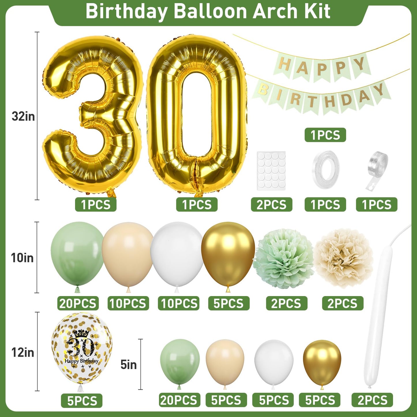 30Th Birthday Decorations Sage Green,30Th Birthday Balloon Garland Party Decorations With Number 30 Foil Balloons,Happy Birthday