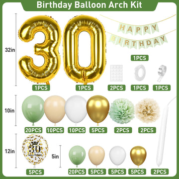 30Th Birthday Decorations Sage Green,30Th Birthday Balloon Garland Party Decorations With Number 30 Foil Balloons,Happy Birthday