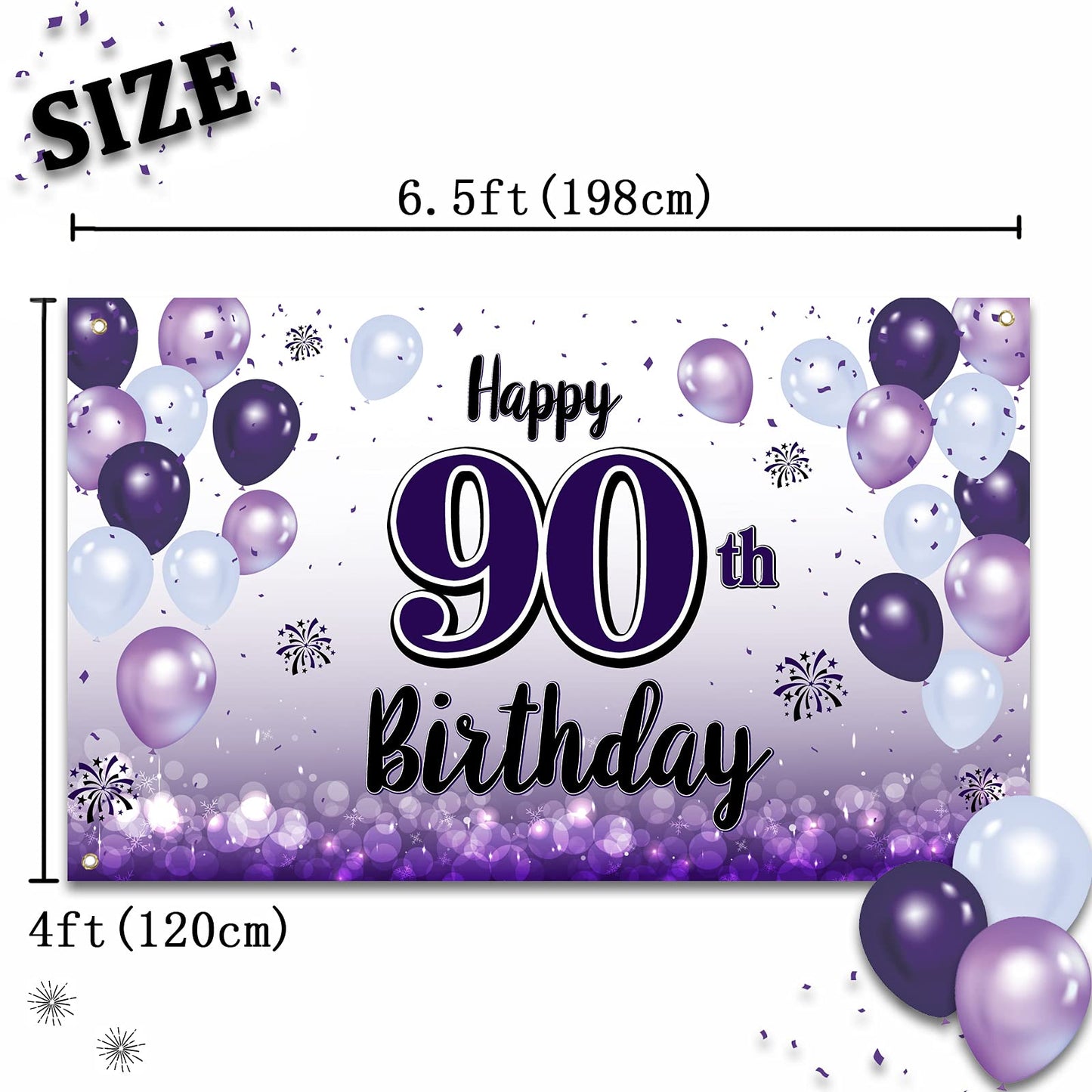 LASKYER 90th Birthday Decorations - Purple Balloon Banner Backdrop, Polyester, Model P-BH-90, Cheers to Ninety Years Old Party Supplies