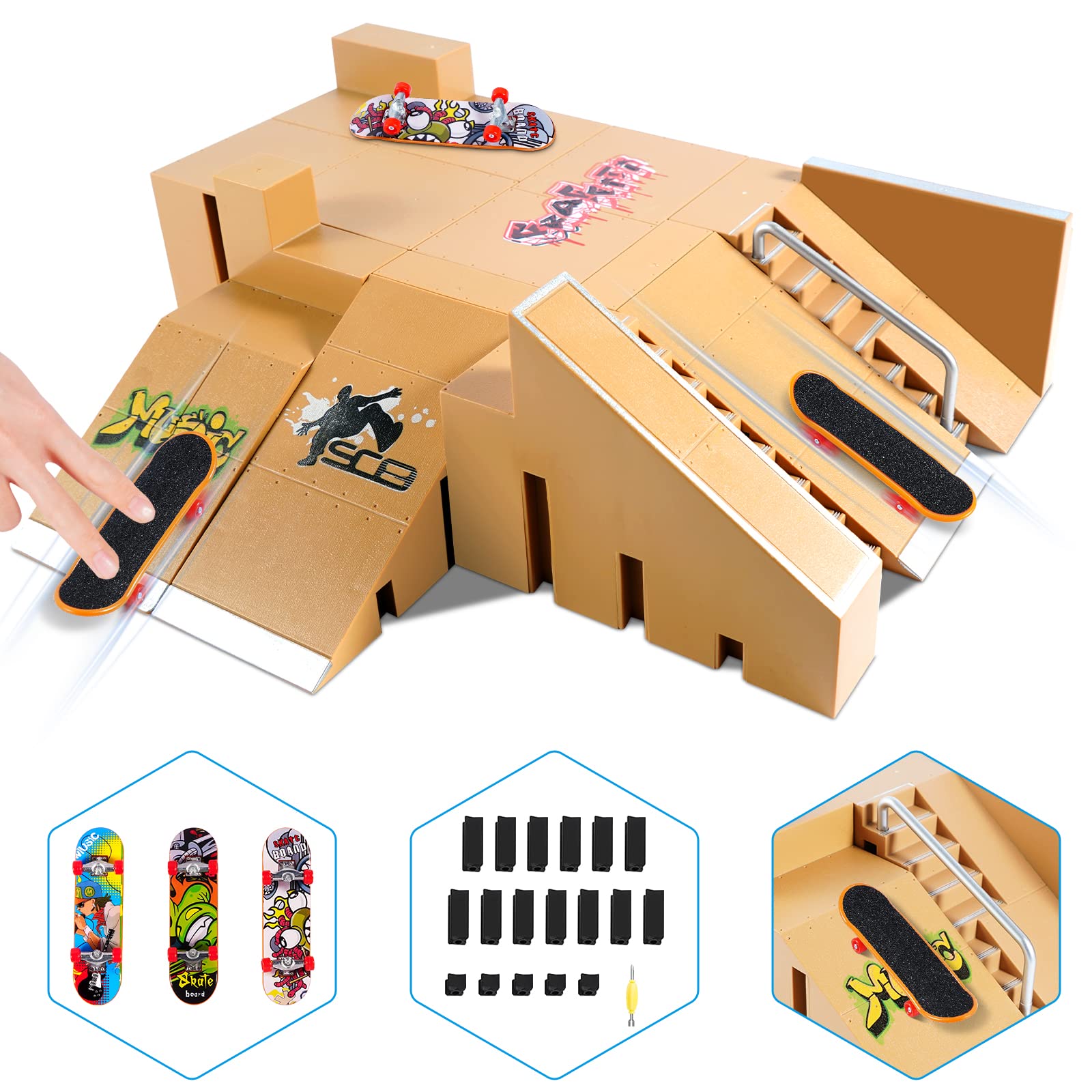 Fingerboard Skate Park Kit Skateboard Finger Toys with 3 Finger Skateboards & 8 Skatepark Deck Ramp for Boys or Girls Gift  Mini Finger Board Skate Training for Kids Ages 5 and up