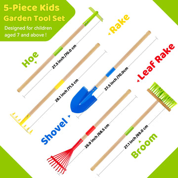 Theefun Kids Garden Tool Set: Safe Toddler Size Hoe, Rake, Shovel, Leaf Rake, Broom 5-Piece Kids Gardening Tools With Wooden Handle And Metal Head For Child Christmas Outdoor Toys Gift For Boys Girls