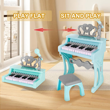 Deao Children'S Piano For Girls, Children'S Musical Piano Keyboard Toys, Electronic Piano Toy With Stool And Microphone, 25 Keys, 22 Songs (Blue)
