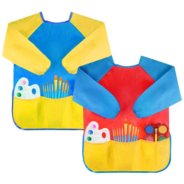 Bassion 2 Pack Kids Art Smocks Toddler Smock Waterproof Artist Painting Aprons Long Sleeve With 3 Pockets For Age 2-6 Years Gift