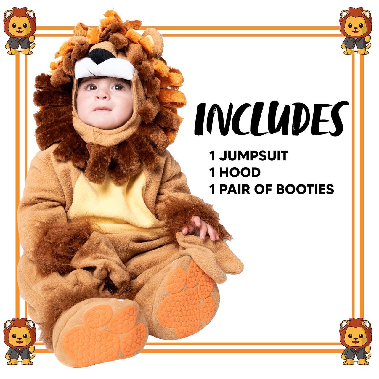 Spooktacular Creations Baby Lion Jumpsuit Costume for Infants & Toddlers, 6-12 Months, Unisex Halloween Dress Up, Animal Theme