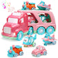 LESUTER TOYS Carrier Car Toy Set - 5 in 1 with Lights & Sounds, Pink, Friction Powered Double Layer Truck for Toddlers