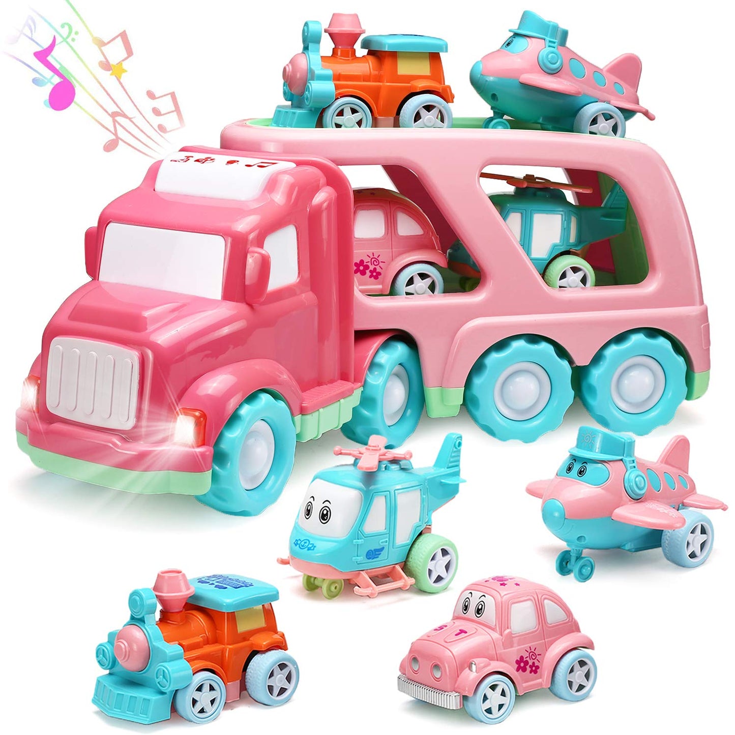 LESUTER TOYS Carrier Car Toy Set - 5 in 1 with Lights & Sounds, Pink, Friction Powered Double Layer Truck for Toddlers