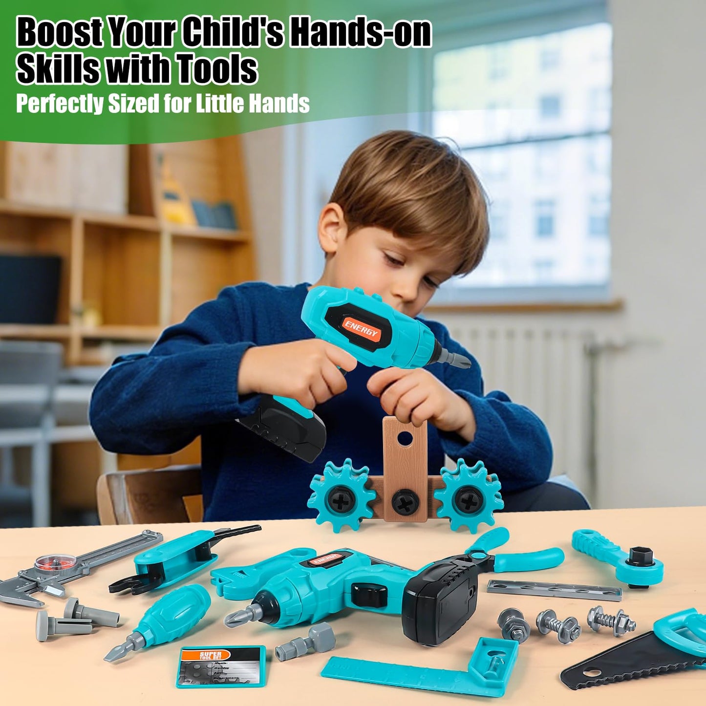 GAIETYDIY Kids Tool Set - Pretend Play Toddler Tool Set with Tool Box, Electronic Toy Drill, Screwdriver, Screw Construction Kit