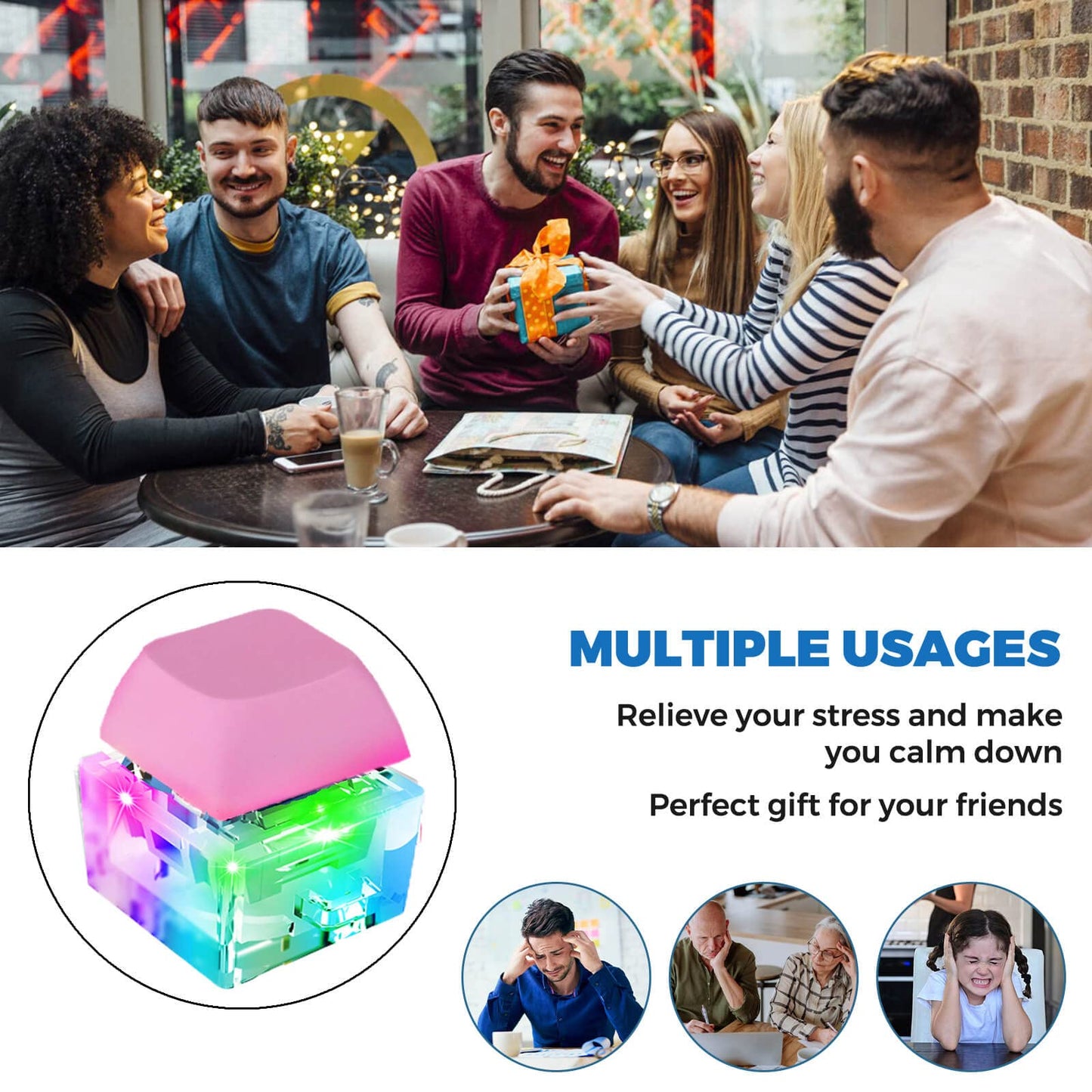 Keyboard Fidget Toys  Keychain Keyboard Decompression Toys Mechanical Key Button Stress Relief Gifts for mature-themed and Kids Finger Clicker Toys ADHD Toy Cool Fidgets(LED Light-Pink)