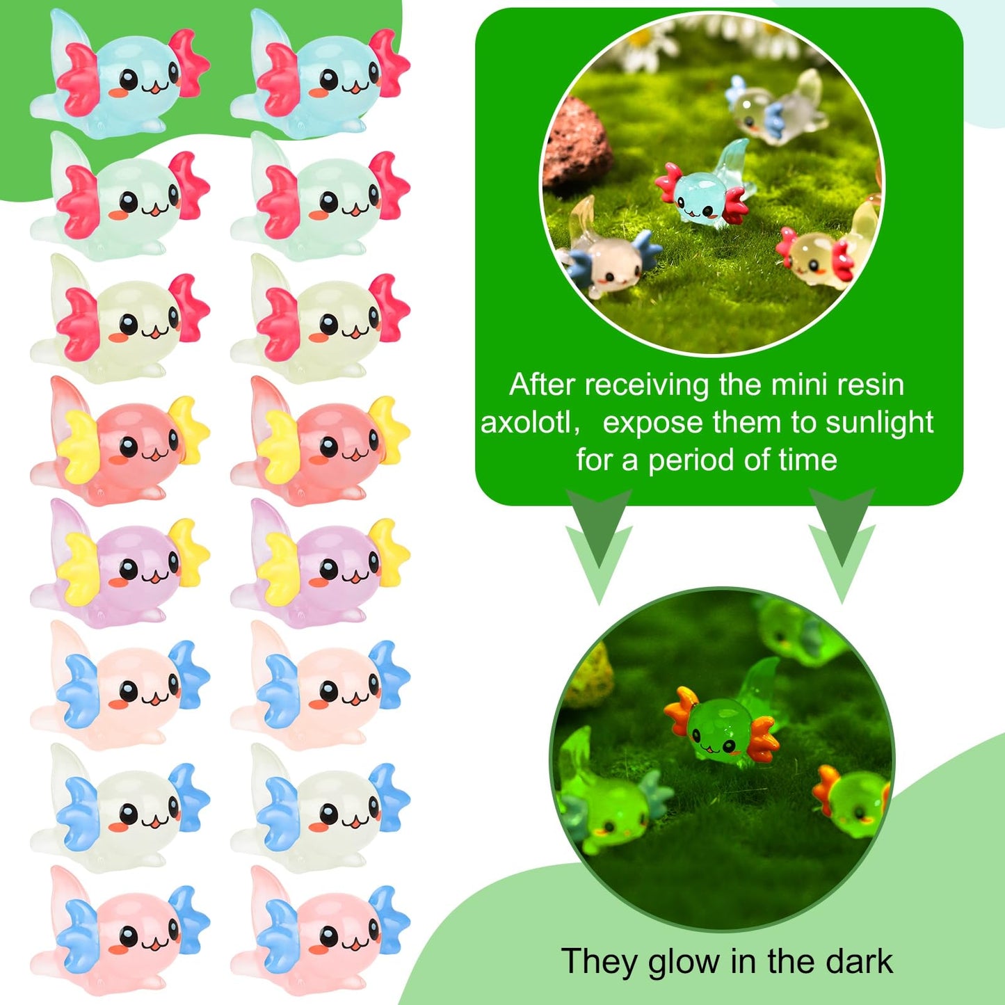 Fuyamp 40Pcs Luminous Mini Axolotl Resin Miniature Glow in The Dark Tiny Axolotl Charms Figures for Landscape Aquarium Dollhouse