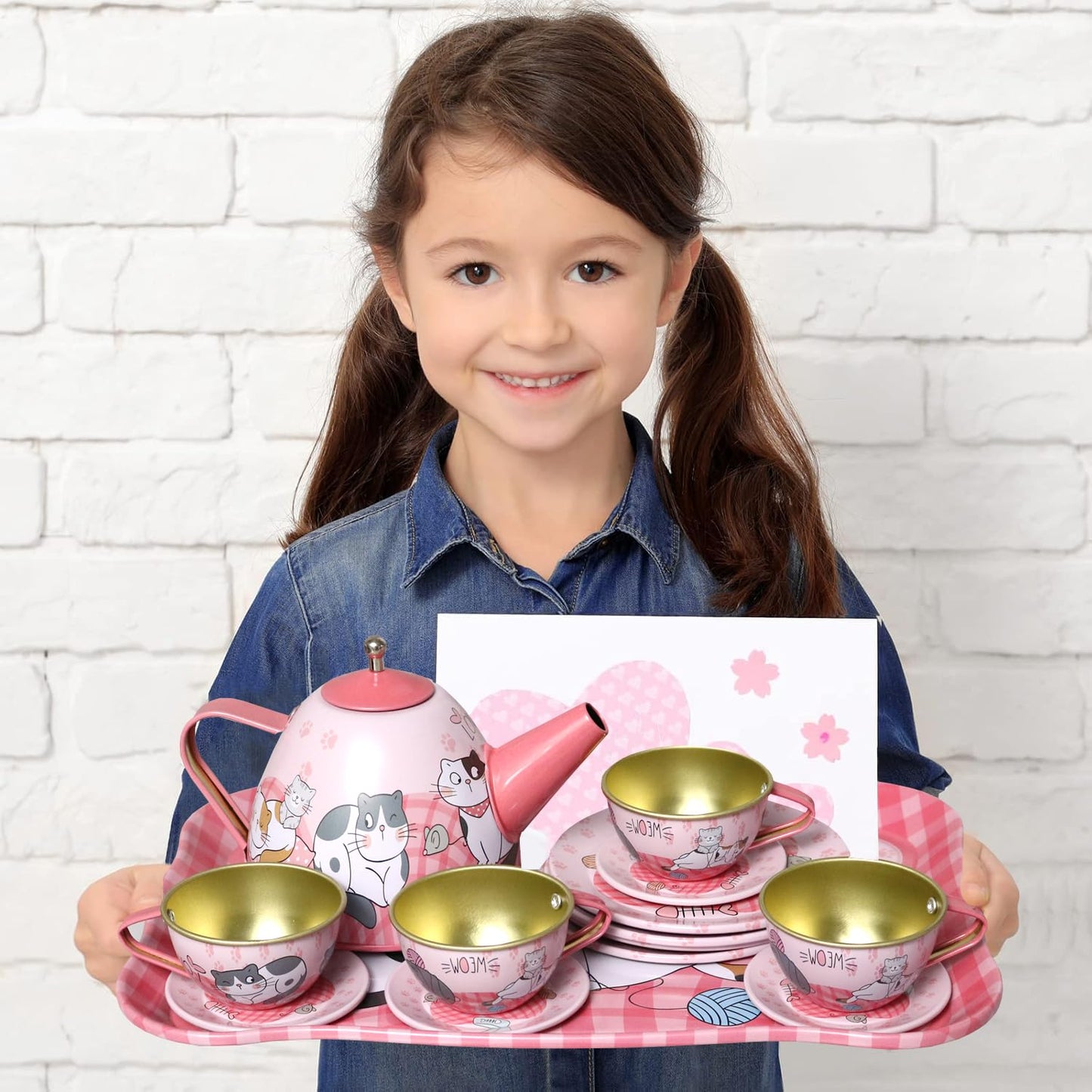 Kiddie Play Tea Set For Little Girls, Pretend Play Tea Party Set, Cat Design Kids Tin Tea Set With Carrying Case (15 Pcs)