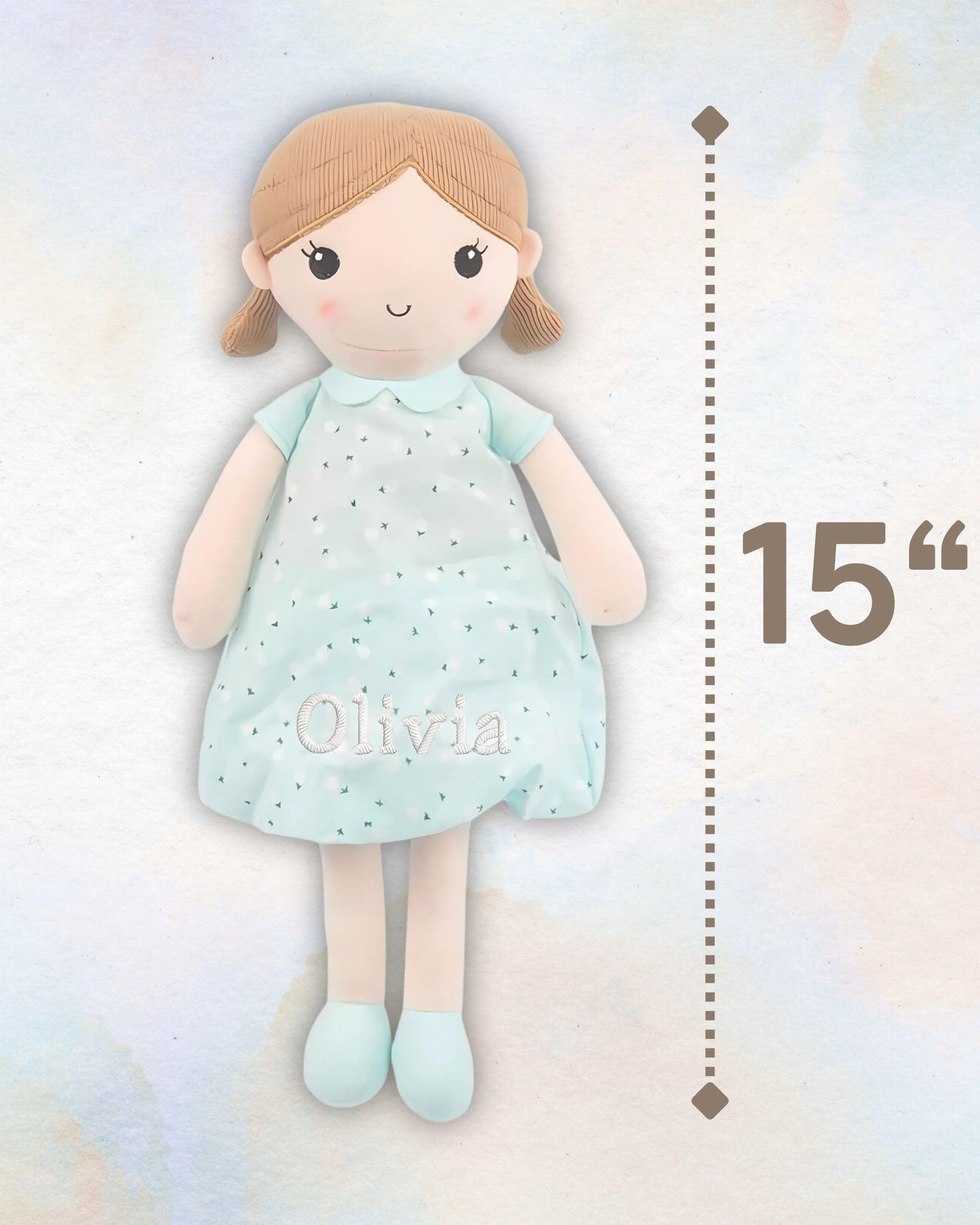 Linzy Personalized 15 Soft Plush Light Blue Emily Rag Doll with Embroidered Name - My First Rag Doll for Girls  Mueca de Trapo Personalizada  Customized Snuggle Toy for Kids