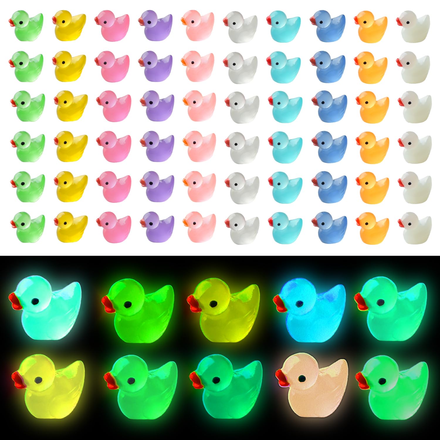 Kuanfine 60 Pcs Tiny Duck Figures Glow in The Dark Mini Resin Duck Luminous Miniature Ducks Bead for Garden Landscape Aquarium D