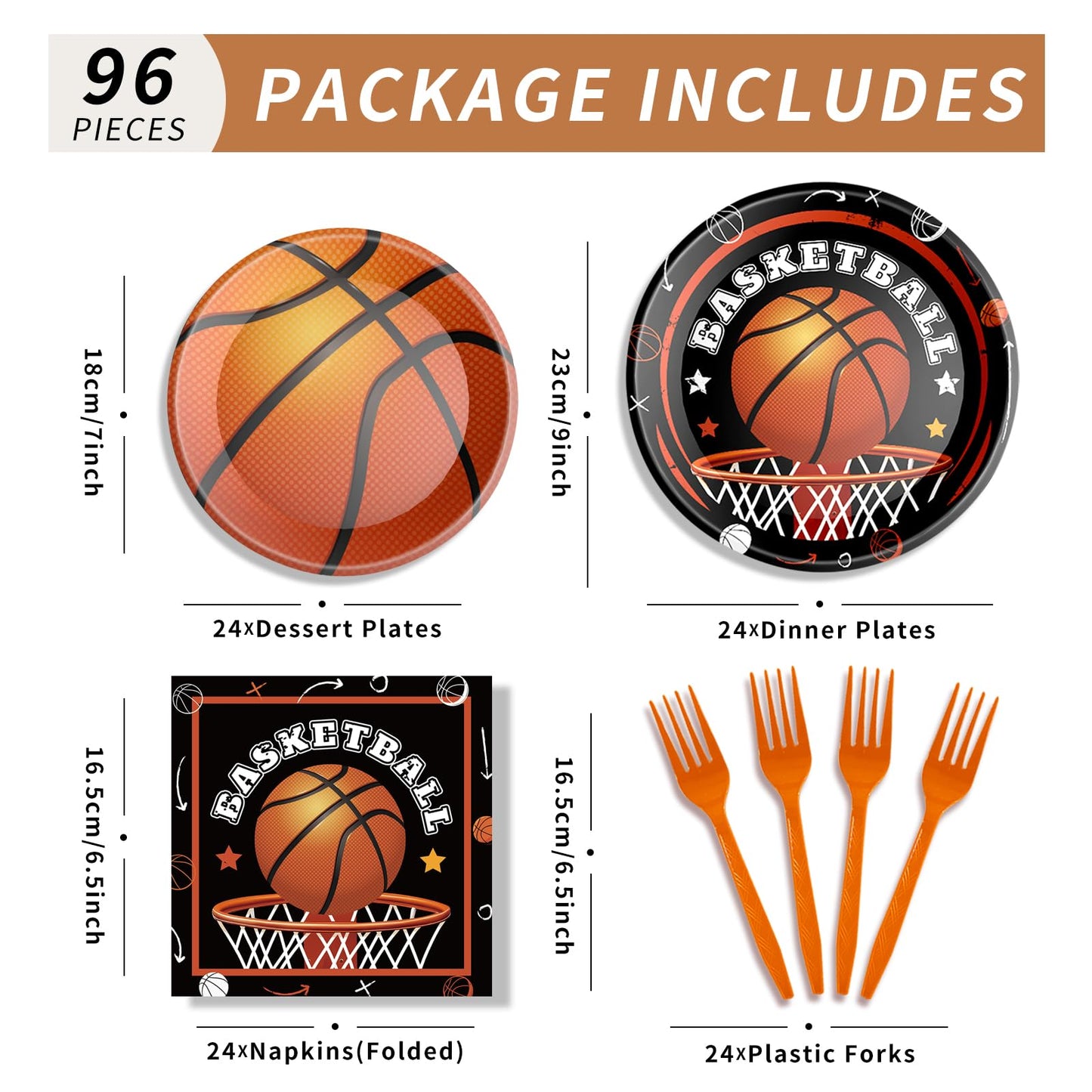 96 Pcs Basketball Birthday Party Decorations Basketball Plates and Napkins Disposable Dinnerware Tableware for Teenagers Kids Bo