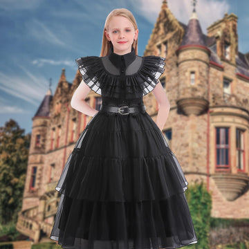 Cvnhmg Wednesday Costume Dress Kids Girls Black Cosplay Halloween Party Dress Up Gothic Costume With Accessories