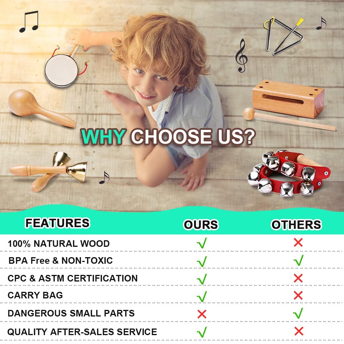 LOOIKOOS Wooden Musical Instruments Set for Toddlers 1-3, Natural Color, Montessori Educational Toys, Model ES-HLJS-0326-778