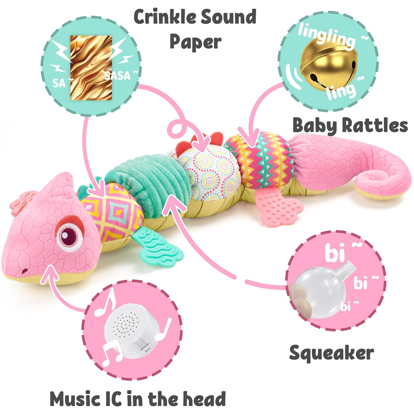 LIGHTDESIRE Baby Toys Musical Dinosaur,Infant Stuffed Animal Toys with Crinkle and Rattles,Soft Sensory Toys with Textures for T